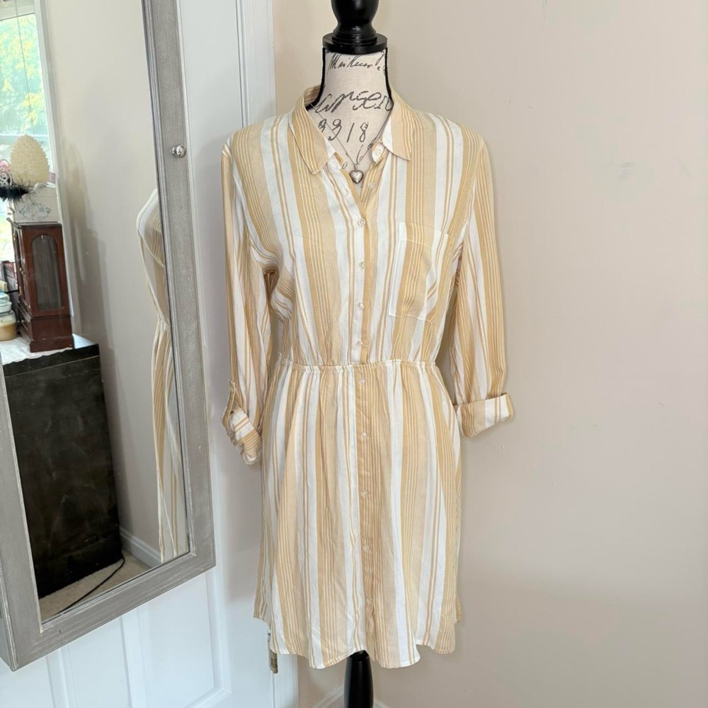 Pink Rose yellow and white Striped Long Sleeve shirt Dress
